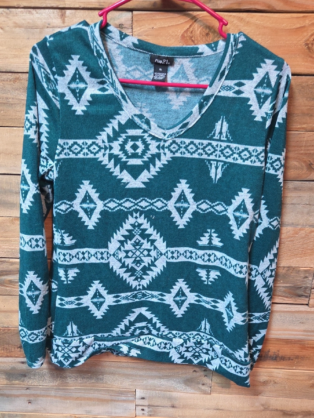 Rue21 Teal and White Aztec V-Neck Long Sleeve Top